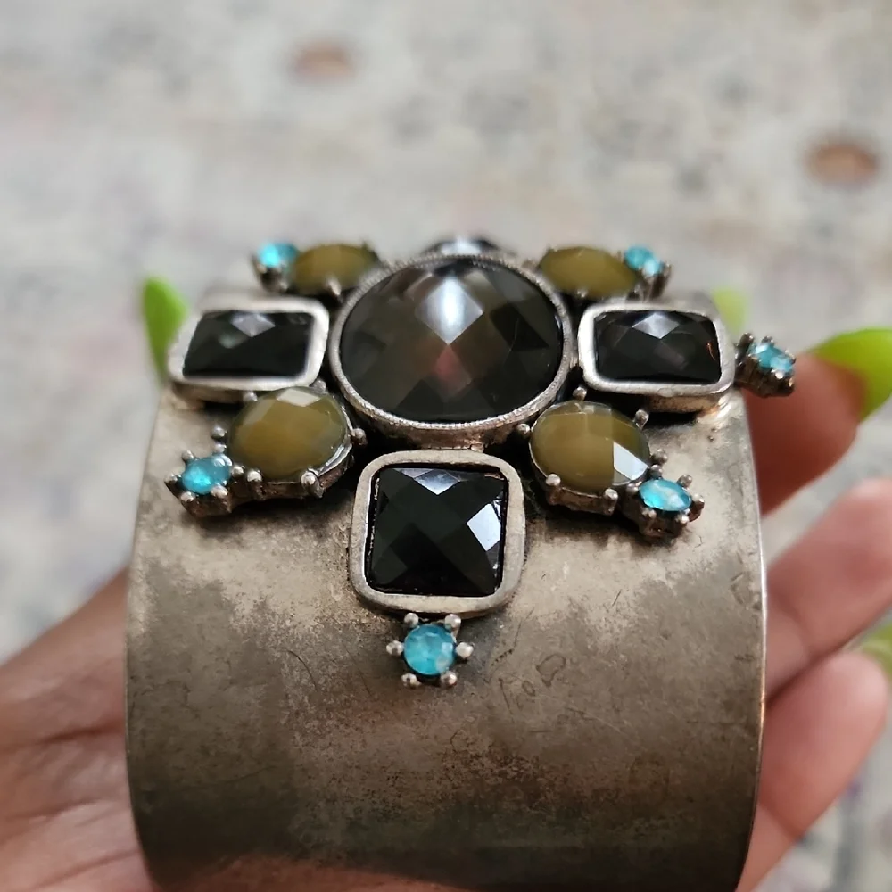 Artisan Silver Tone Multi Stone Cuff Bracelet Black Olive Turquoise - Picture 8 of 8
